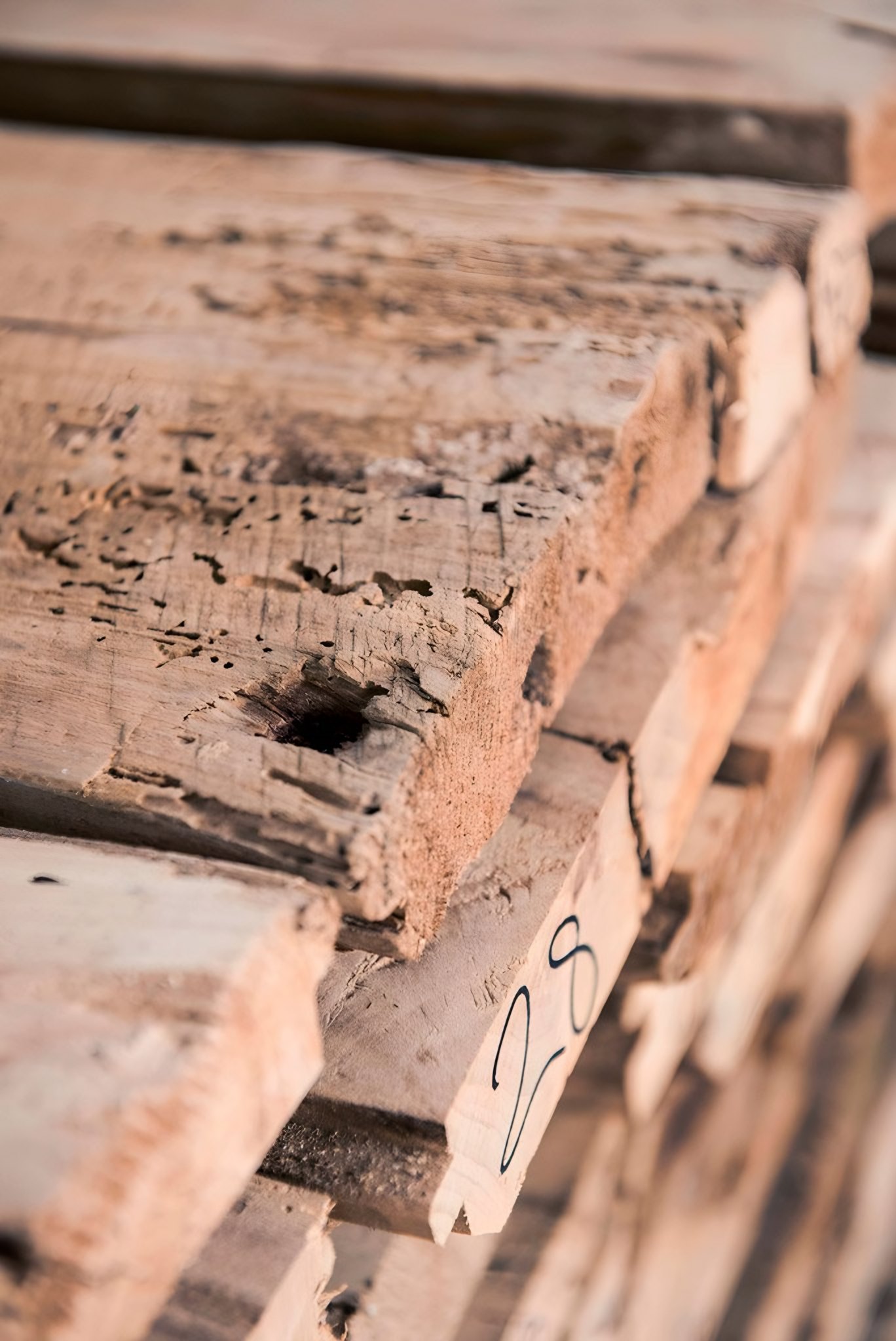 Tavole di legno di recupero accatastate: il legno antico con i fori dei tarli e il numero di catalogo scritto a mano